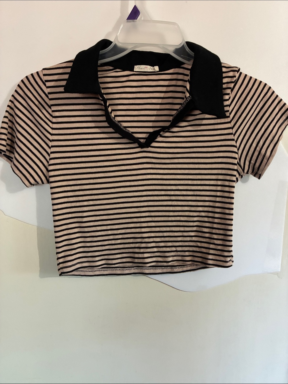 Heart & Hips-Vintage-Inspired Sz Large Striped Polo Crop Top - Black & Peach